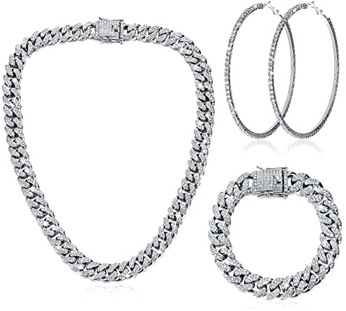 Batiyeer 3 Pcs Cuban Link Chain Necklace Bracelet Rhinestone Hoop Earrings Bling Crystal Hip Hop Jewelry for Women(18 Inch,Silver)
