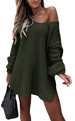 shownicer Vestito Donna Invernale Corto Maglione Maniche Lunghe Abito Maglina Curvy Mini Vestiti Dritto Vestitino Elegante Abito Senza Spalline con Scollo a V A Army Verde S