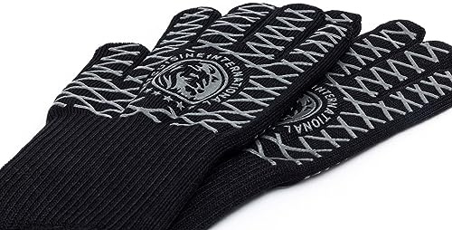 Chef Cuisine Anti-Rutsch-Grillhandschuhe hitzebeständig – 1 Paar schwer entflammbare feuerfeste Handschuhe aus Aramid mit Silikonbeschichtung, BBQ-Handschuhe bis 500 °C, 32 cm Länge, waschbar, schwarz