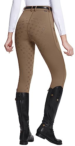 BALEAF Ridbyxor för kvinnor, fullt säte, ridbyxor, ridsport, tights, häst, silikon, blixtlåsficka, Brun, L