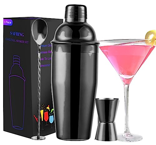Safring Shaker à cocktail de 700 ml, shaker à martini avec passoire intégrée, doseur doseur, cuillère à mélanger, grand shaker professionnel en acier inoxydable pour barman, mélangeur d'alcool