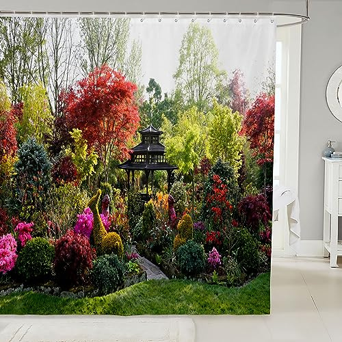 Loussiesd, Tenda da doccia naturale 180x180 cm, design 3D con vista sul giardino, fiori e alberi, tenda da doccia impermeabile per esterni, paesaggio naturale, tessuto impermeabile per la decorazione