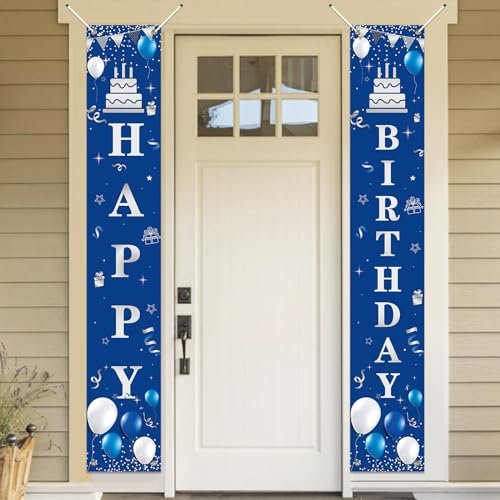 Koliphy Decorazioni Striscioni di Compleanno, Striscione di buon Compleanno per Uomini e Donne, Striscione Tessuto Addensato per Interni e Esterni, 180 x 30cm, Blu Argento