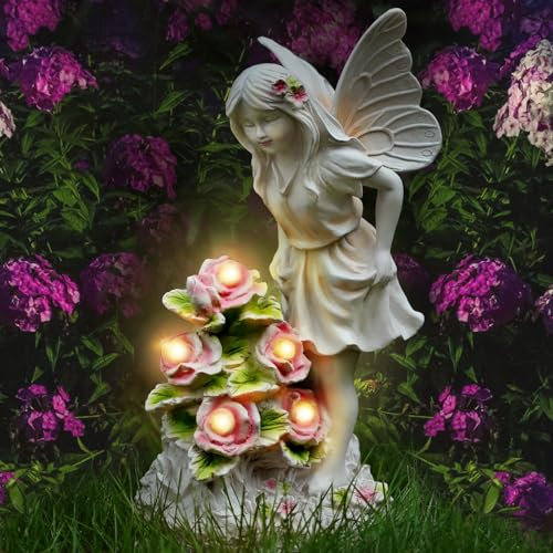 Kssiaz Statue da Giardino Solare con Luce Calda, Statua di Angelo Farfalla con Fiori, Decorazione da Giardino per Esterni per Davanzale, Cortile, Scultura di Angelo in Resina Impermeabile, Bianco