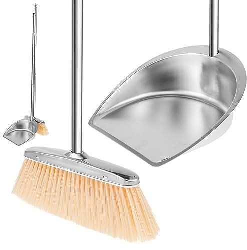 Juego de recogedor y de mango largo, escoba y recogedor de acero inoxidable resistente vertical para el hogar, para interiores y exteriores, hogar, jardín, cocina, oficina, vestíbulo (redondo)