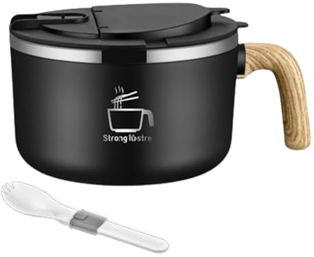 Tuzsocr - Tazón de ramen de acero inoxidable, cuencos de fideos instantáneos (1200 ml), cuenco para sopa con tapa, cuenco de pasta con cuchara plegable, mango de grano de madera, para Ramen japonés