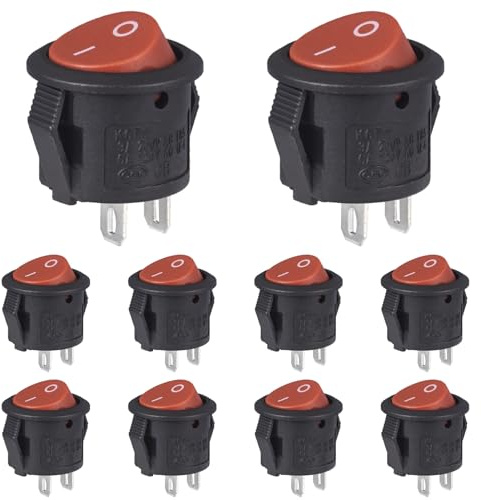 VEXUNGA Wippschalter Mini Kippschalter Rund 2 Polig Rot Ein/Aus Schalter Klein 3A 250V AC 6A 125V 15MM Kunststoff Push Button Switch (10 Stück)