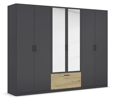 Rauch Möbel BARI, Schrank, Farbe Grau metallic/Eiche Artisan, Breite 271 cm | Kleiderschrank, 6-türig, Spiegel, 1 Schublade, für Schlafzimmer, Kinderzimmer, Babyzimmer, Homeoffice, Garderobe, Flur