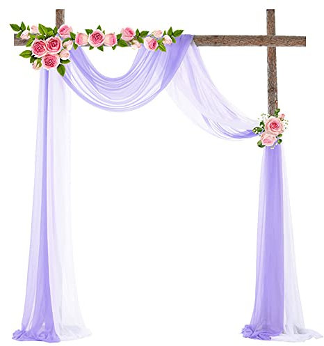 SYSUII 2 Stück 75 * 550cm Querbehang Transparente Freihanddeko Transparentem Voile Deko Hochzeitsbogen Gardinen Hintergrund Vorhang Dekoration für Schlafzimmer Wohnzimmer Fotografie-weiß + lila