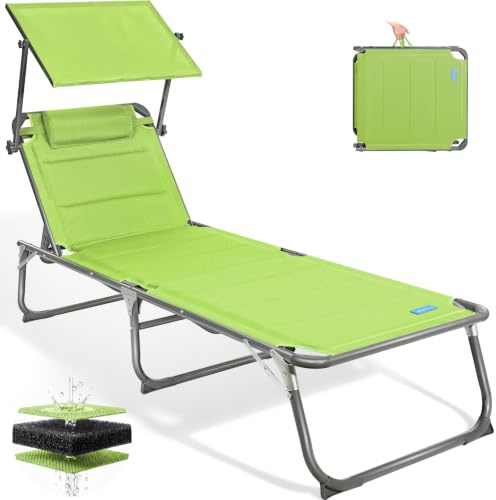 Homecall Sonnenliege Klappbar mit Dach, Kopfstütze, Bis 180 kg, 200x70 cm | mit 5-fach verstellbare Rückenlehne, Quick-Dry-Schaumstoff, Luxus Gartenliege Wetterfest, Aluminiumgestell für Garten, Balkon