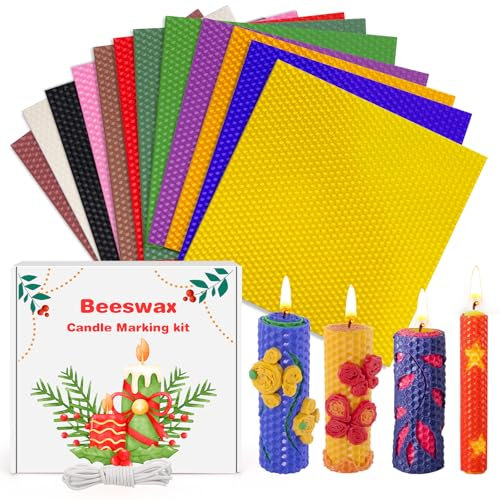 KIYTARBOO Bienenwachsplatten Set, 12 Stück Bienenwachskerzen Selber Machen Set 20x20 cm, DIY Kerzen Bastelset mit Dochten für Erwachsene & Kinder