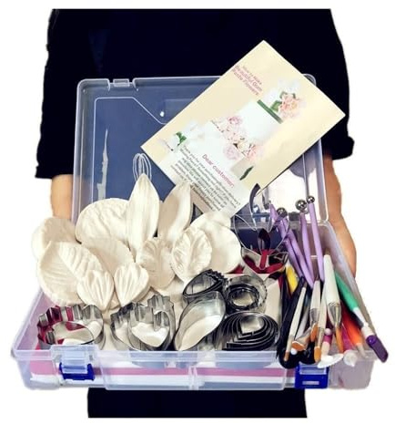 VONCYKI 62pcs Gumpaste Flower And Leaf Tool Kit 6set Fondant Flower Silicone Mold 6set Gum Paste Flower Cutter Set 1 Petal Leaves Veining Board 1 Flower Foam Pad 6 Brushes 20 Sugar Paste Flower Modell
