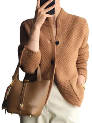 Nbzsmlkn Women's Knitted Cardigan Jacket with Button,Women's Casual Long Sleeve Button Down Cardigan Sweater Knit Outwear,Stand Neck Loose Knit Sweater Jacket (Camel,2XL)