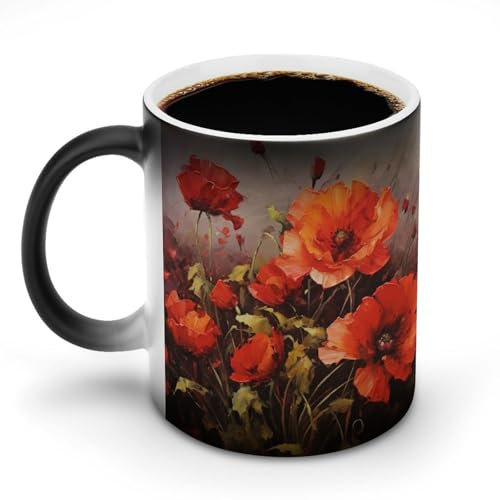 YTLKGFP Wärmewechselnde Tasse, Farbwechsel-Tassen, Ölgemälde, rote Blume, bedruckte Keramik, wärmeempfindliche Kaffeetasse, Verfärbung, lustige Tasse, magische lustige Kunst-Tasse