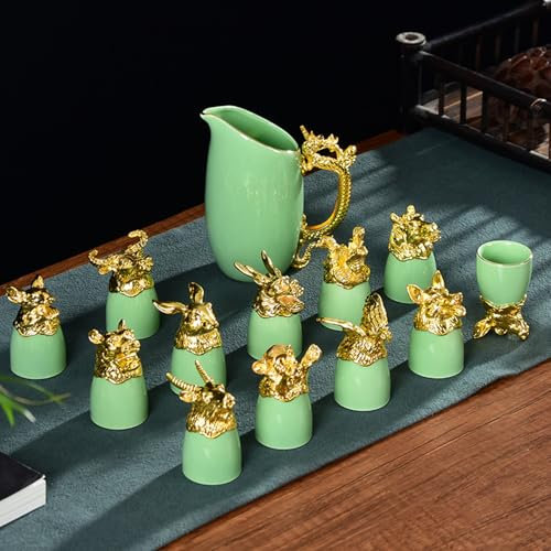 Creative Ceramic Wine Pot Wine Glass Set，Green Whisky Decanter Set, 12 Animals Zodiac Wine Cups Jug Chinese Traditional Gold-plated Zodiac Wine Glass Jug Set With Gift Set For Husband, Dad Boyfriend