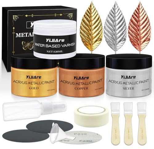 YiJiAre Acriliche Metallizzate - 3 Colori (Argento, Rame e Foglia Oro) per Artigianato,Progetti Fai da Te, Non Tossiche, a Base Acquosa, con Vernice Protettiva a Base Acquosa Inclusa, 4 * 120ml