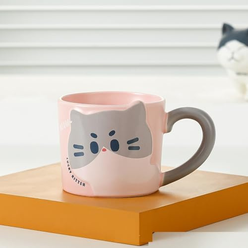Huiyiwert lustige Katzentasse Porzellan Kaffeebecher mit Katzenmotiv süße Keramiktasse Milchbecher Kakaobecher Geschenk für Katzenliebhaber Frauen Mädchen Kinder (Grau-Katze)