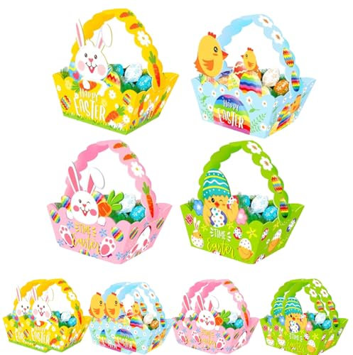 12Pcs Easter Basket with Handle,Small Easter Baskets for Kids Easter Egg Hunting Basket Cute Bunny Rabbit DIY Paper Easter Egg Basket Gifts for Candy Toys Easter Party Favor Home Crafts Supplies