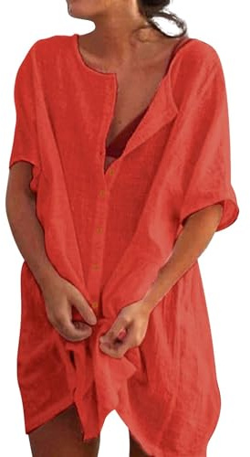 Robe de Plage Femme Plage Chemise Col Rond CacheMaillots et Sarongs Plage Bikini Cover Up pour Maillot de Bain Casual Robe de Maillot Beachwear Blouse Femme 2025 (A02-Watermelon Red, S)