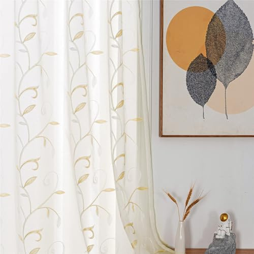 VISIONTEX White Sheer Voile Curtains 120 Inches Long Decorative Beige Embroidered Leaves Rod Pocket Semi Sheer Window Drapes for Bedroom Living Room 2 Panels Set 54 x 120 Inches