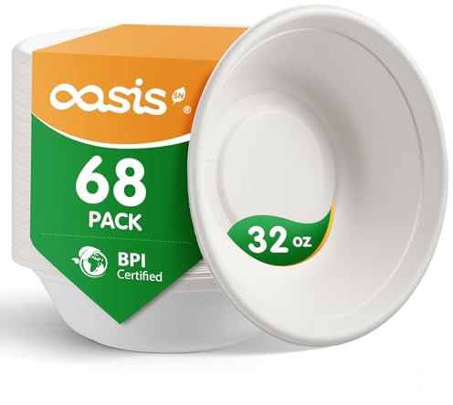 OasisSN 950ml (32 oz) 68 Pack Large Compostable Paper Bowls, Disposable Bagasse Bowls for Meal Prep, Takeaway & Large Portions, Microwave & Freezer Safe, Eco Friendly (White)