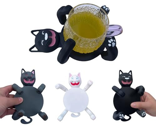 3D Printed Cat Coasters with Moving Legs - Cute Cat Mug Holders for Drinks, Heat Resistant Coasters That Hold the Cup, Pet Lover Gift, Coffee Table Decor，Housewarming Present for pet Owners (black)