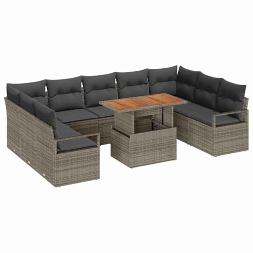 vidaXL Trädgårdsoffset med kudde med kudde 10 pcs Grå och Brun, Trädgård och terrass, modulär, hållbar, lätt rattansoff, konvertibelt bord, justerbar lounge, uteservering