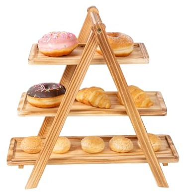 Présentoir à gâteaux à 3 étages en bois rustique pour thé de l'après-midi, support pliable en bois pour biscuits, fruits, desserts, cupcakes, décoration d'intérieur