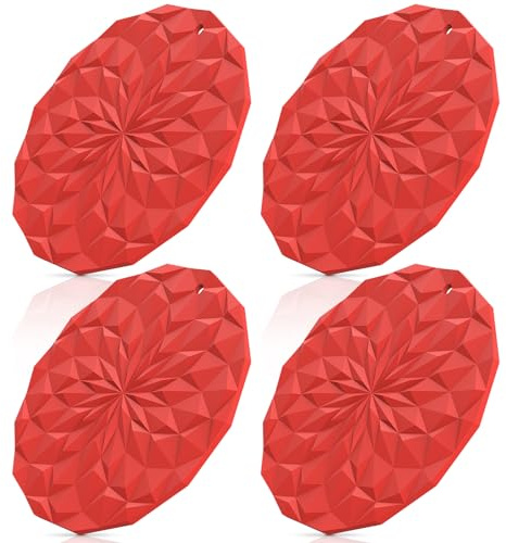 STLIAN Silikon-Untersetzer - 4er-Pack Topfuntersetzer - 18,8 cm verdickte Hitzeschutzmatten für heiße Töpfe, Pfannen und Geschirr, hitzebeständige Silikon-Untersetzer für Tisch und Arbeitsplatte Rot
