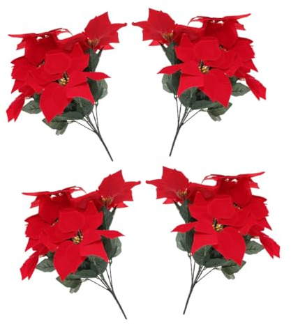UTHCLO Künstliche Weihnachtssternblüten mit Eisenkabel in Rot 4 Stück aus Seidenstoff Realistisch und Pflegeleicht für Weihnachtsdekoration und Raumgestaltung