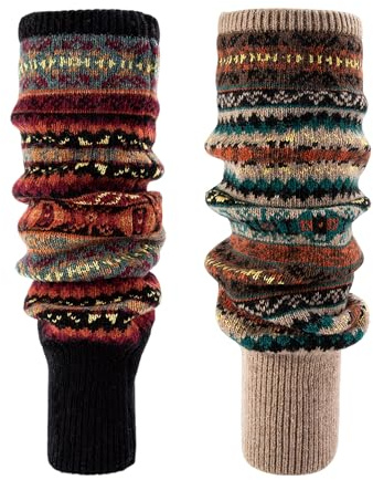 Dioxay 2 Pairs Long Leg Warmers for Women, Winter Warm Knitted Boot Cuffs & Slouchy Socks, Bohemian Style 80s Party Accessories & Yoga Gifts (black&khaki)