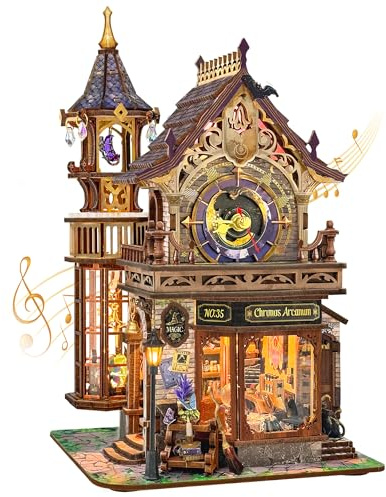 STRUCWOOD 3D Puzzle Time Magic Club DIY Miniaturhaus Kit mit LED & Musik | Holzpuzzle Erwachsene Magic Clock Tower Modellbausatz, Bücherregal Dekor Handwerk Geschenke für Familie Freunde