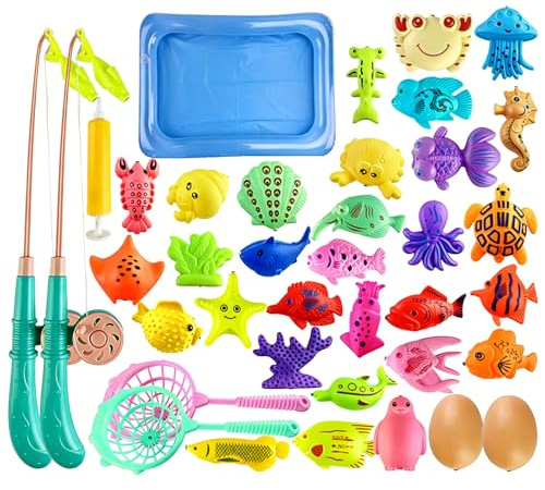 yolzhxe 38 Stück Magnetisches Angelspielzeug, Angelspielset für Kinder mit 30 Fische, 2 Angelrute und 2 Netz usw Plastik Netz Angelspielset Lernspielzeug Angelspiel ab 2 Jahre