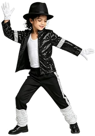 Disfraz Rey de la Pop Garcon 80-90 Chaqueta y Pantalones de Lentejuelas Años con Sombrero Gafas Guantes para Halloween Carnaval Cosplay Espectáculo Niño 5-14 Edad