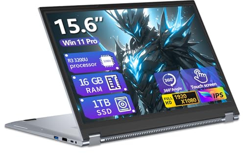 Ordinateur Portable 2 en 1 Écran Tactile 15,6 Pouces Ryzen 3 3200U (jusqu'à 3,5 GHz), Win 11 PC Portable 16Go DDR4 RAM 1To SSD, Laptop 360 ° Rotation FHD Clavier Rétroéclairé Type-C RJ45 WIFI5 HDMI