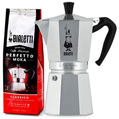 Bialetti 0001165/X4 Cafetière Italienne, Aluminium, Argent, 9 Tasses + Perfetto Moka Café Moulu Classico (Classic) Torréfaction Media 250 gr