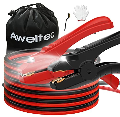 AWELTEC Câbles de démarrage avec lumière LED - Calibre 6-4,6 m - Câbles de démarrage robustes pour batterie (6 AWG x 4,6 m) - Avec sac de transport, gants de sécurité et brosse en fer