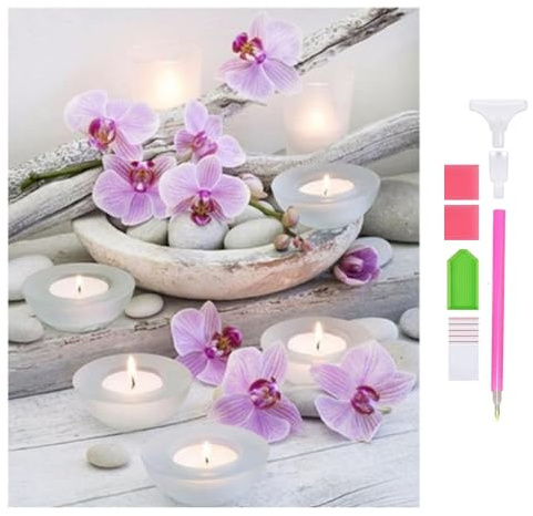 DOUKOYEE Diamond Painting für Erwachsene Blumen Buddha und Kerze Bilder DIY 5D Diamant Malerei Kit Stickerei Set Kreuzstich Diamant Painting Bilder Wall Home Room Decoration (B)