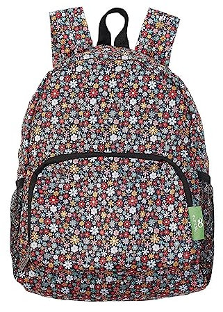 ECO CHIC Lightweight Foldable Water Resistant Mini Backpack Folds Into Pouch for Storage (Ditsy Black)