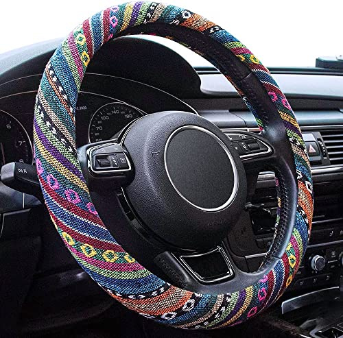 Limsas Boho Steering Wheel Cover Elastic Microfiber for Women, Universal Fit 15 inch Car SUV, Hippie Style Protector Cover, Anti-Slip, Breathable, Absorbing Sweat - 01