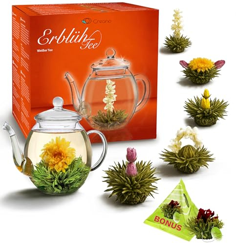 Creano Coffret „Thé en Floraison“ 6 thés de fleurs + 1 Boule Bonus – Théière en verre 500ml sans goutte – 6 variétés de thé blanc – Idée cadeau exceptionnelle