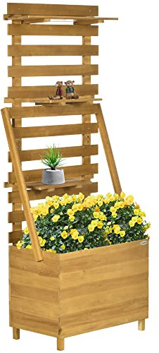 Outsunny Hochbeet mit Rankgitter, Pflanzkasten mit 3 Ablagen, Blumenkasten mit Rankhilfe, für Kletterpflanzen, Garten, Terrasse, aus Holz, Braun, 63 x 39 x 160 cm