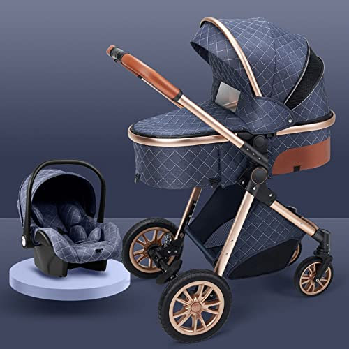 babyvagn Bassinet Barnvagn Vikbar Barnvagn Resekärra Barnvagn Med Solskydd Fotskydd, Anti-Shock Buggy Stroller, Stora Gummihjul liggvagnar (Color : Blauw)
