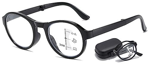 VEVESMUNDO Runde Gleitsichtbrille Faltbare Klappbar Gleitsicht Lesebrille Herren Damen Kleine Kompakte Lesehilfe Sehhilfe Progressive Multifokalbrille mit Etui (1 Stück Schwarz, +2.0)