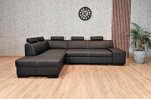 Quattro Meble Echtleder Ecksofa London II 5z 275 x 200 Sofa Couch mit Bettfunktion, Bettkasten und Kopfstützen Echt Leder Eck Couch Schwarz und viele mehr Farben (200x275 cm Ecke Links)
