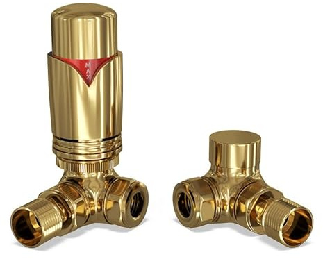 UK Radiators Polished Brass Thermostatic Radiator Valve and Corner Lockshield Valve - Polished Brass Finish - Classy and Modern Design 1/2 x 10mm Corner Radiator Valve