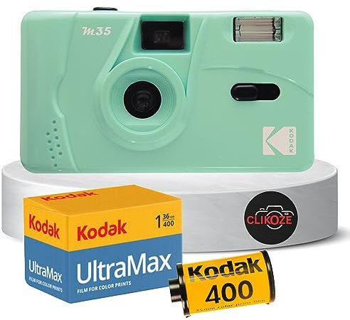 Ensemble d'appareil photo réutilisable comprenant un appareil photo Kodak M35 35 mm, un film Kodak 35 mm 36 poses et une carte Clikoze Tips (menthe)