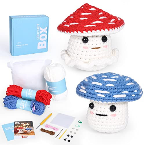 CrochetBox Crochet Kit for Beginners: 2 PCS Mushroom Crochet Kit for Adults, Red & Blue, Include Step-by-Step Video Tutorials, Suprise Birthday Gift