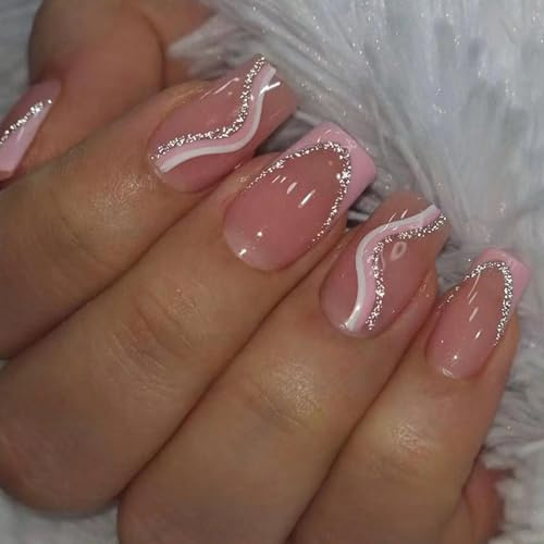 24 Stück Press on Nails Eckig, Mittellang Französische Nägel zum Aufkleben Acryl Full Cover Kunstnägel mit Rosa Weiß Streifen, Square Künstliche Nägel Fingernägel Fake Nails für Frauen und Mädchen