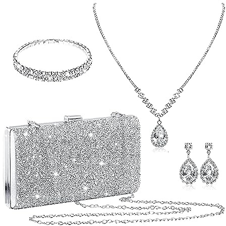 Jamron Mujer Pedrería 4 Piezas Juegos de Joya y Clutch para Boda Prom Cocktail Fiesta de Noche SN0708187 Set-A